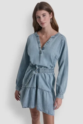 Belted Denim V-Neck Dress