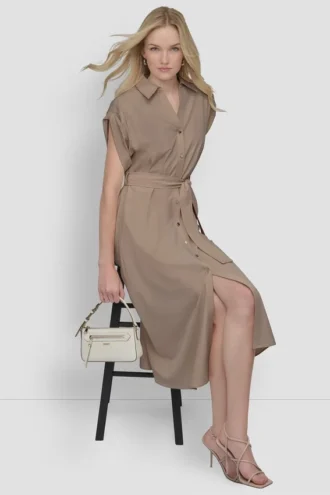 Button-Front Midi Commuter Dress