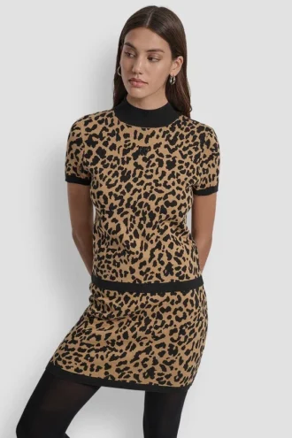 Cap Sleeve Mock Neck Cheetah Jacquard Sweater