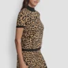 Cap Sleeve Mock Neck Cheetah Jacquard Sweater