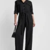 Collarless Button-Front Jumpsuit