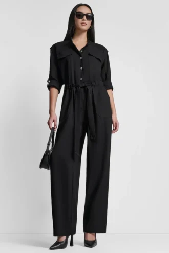 Collarless Button-Front Jumpsuit