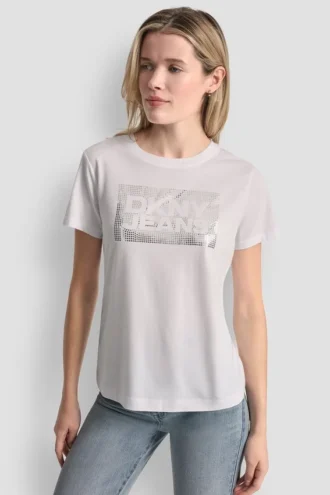 Dkny Jeans Stack Logo Rhinestone Tee
