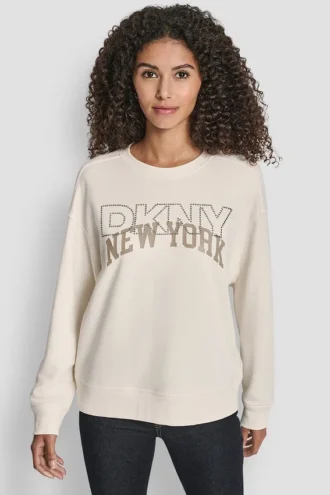 Dkny Outline Rhinestone Ny Printed Logo Crew Neck Sweatshirt