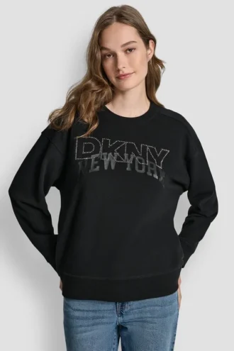 Dkny Outline Rhinestone Ny Printed Logo Crew Neck Sweatshirt