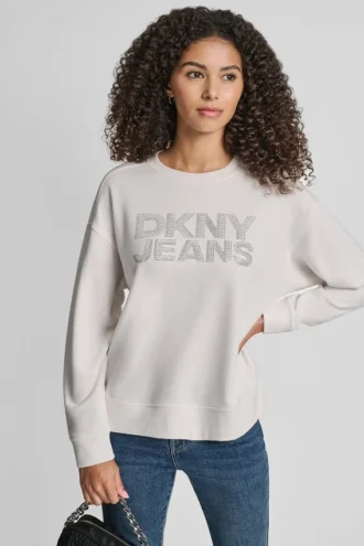 Dkny Rhinestone Stud Logo Crew Neck Sweatshirt