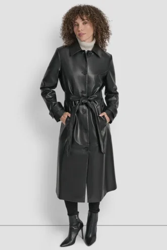 Faux Leather Long Trench