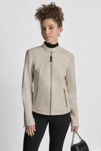 Faux Leather Moto Jacket with Snap Collar