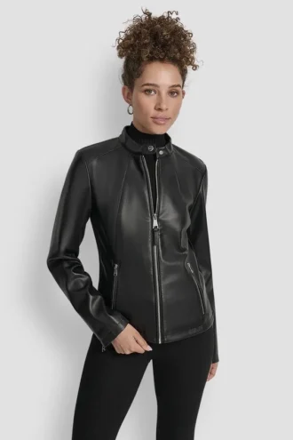 Faux Leather Moto Jacket with Snap Collar