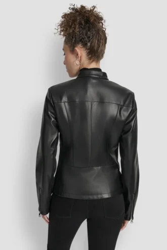 Faux Leather Moto Jacket with Snap Collar