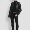 Faux Leather Moto Jacket with Snap Collar