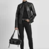 Faux Leather Moto Jacket with Snap Collar