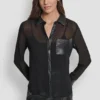 Faux Leather Paneled Semi-Sheer Shirt