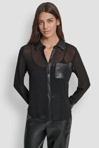 Faux Leather Paneled Semi-Sheer Shirt