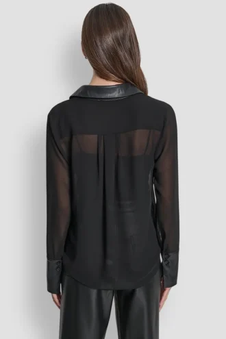 Faux Leather Paneled Semi-Sheer Shirt