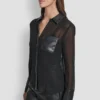 Faux Leather Paneled Semi-Sheer Shirt
