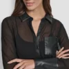 Faux Leather Paneled Semi-Sheer Shirt