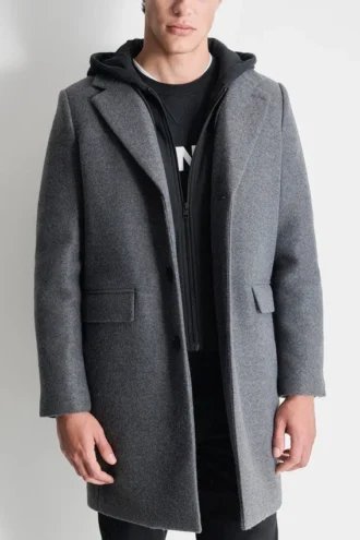 Faux Wool Coat with Hooded Bib