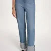 High-Rise Raw-Edge Cuffed Straight Leg Jeans