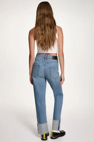 High-Rise Raw-Edge Cuffed Straight Leg Jeans