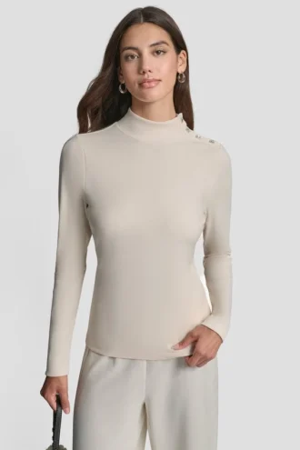 Jewel Button Shoulder Mock Neck Long Sleeve Tee