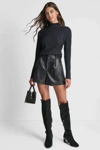 Jewel Button Shoulder Mock Neck Long Sleeve Tee