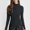 Jewel Button Shoulder Mock Neck Long Sleeve Tee