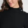 Jewel Button Shoulder Mock Neck Long Sleeve Tee