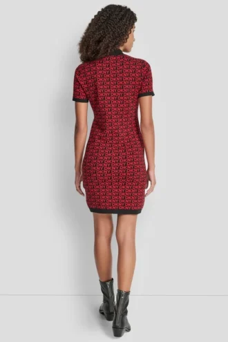 Logo Jacquard Ballet Sleeve Mock Neck Short Dress