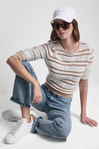 Logo Pointelle Striped Sweater