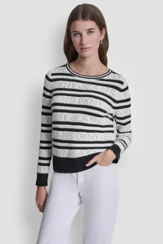 Logo Pointelle Striped Sweater