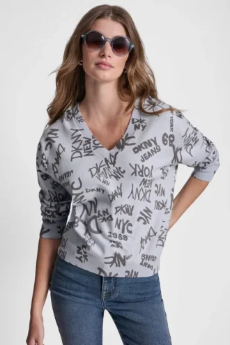 Logo Printed V Neck Pullover