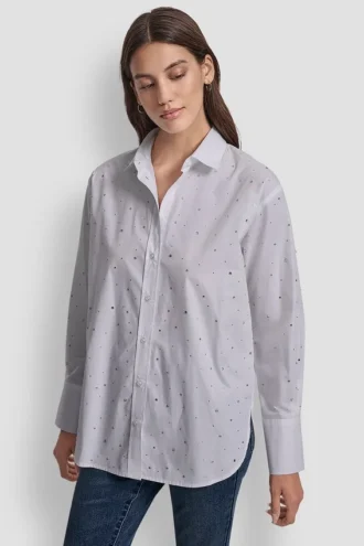Long Sleeve Poplin Button Front Shirt with Rhinestone