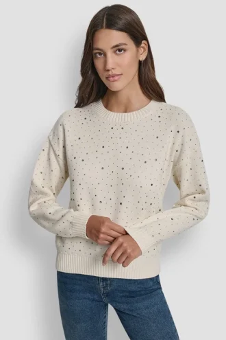 Long Sleeve Rhinestone Crew Neck Sweater