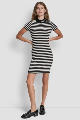 Lurex Stripe Mock Neck Logo Dress