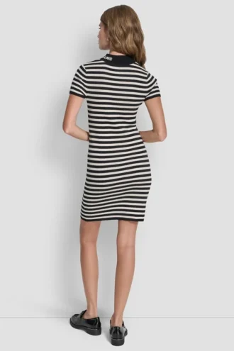 Lurex Stripe Mock Neck Logo Dress
