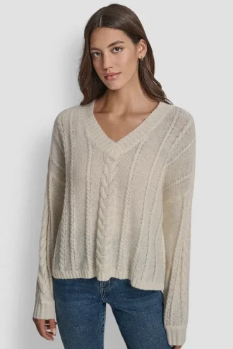 Mohair Like Cable V-Neck Sweater