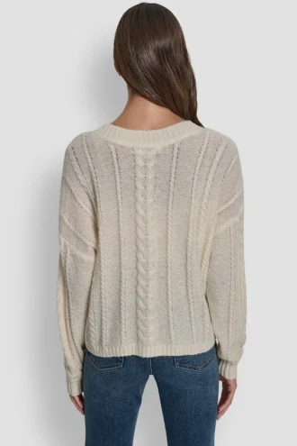 Mohair Like Cable V-Neck Sweater
