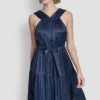 Pleated Satin Tie-Waist Midi Dress