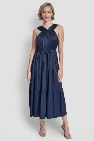 Pleated Satin Tie-Waist Midi Dress