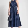 Pleated Satin Tie-Waist Midi Dress
