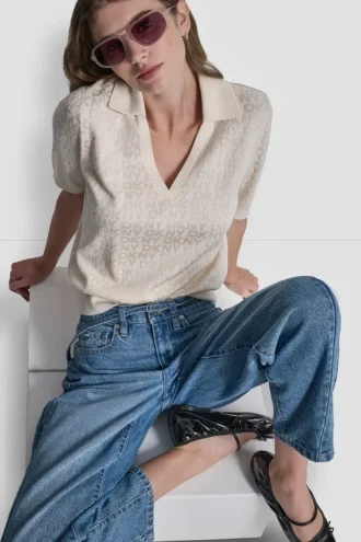 Polo Collar Sweater with Rhinestone Logo