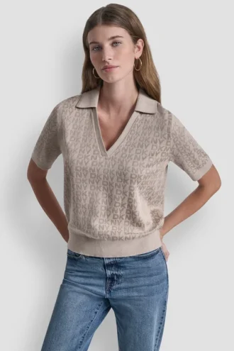 Polo Collar Sweater with Rhinestone Logo