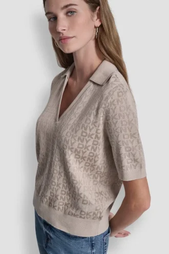 Polo Collar Sweater with Rhinestone Logo