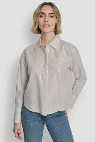 Poplin Button Front Shirt with Sequins