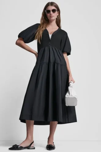 Rib Henley Midi Dress with Puff Sleeves