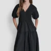 Rib Henley Midi Dress with Puff Sleeves
