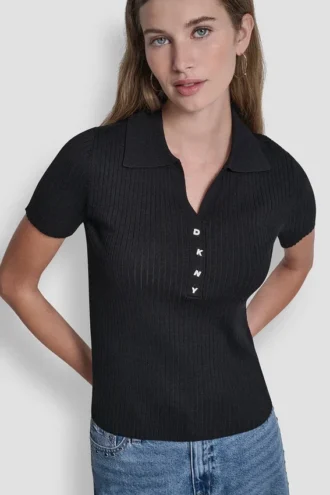 Ribbed Polo with Rhinestone Buttons