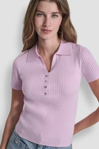 Ribbed Polo with Rhinestone Buttons