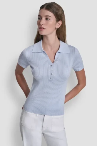 Ribbed Polo with Rhinestone Buttons